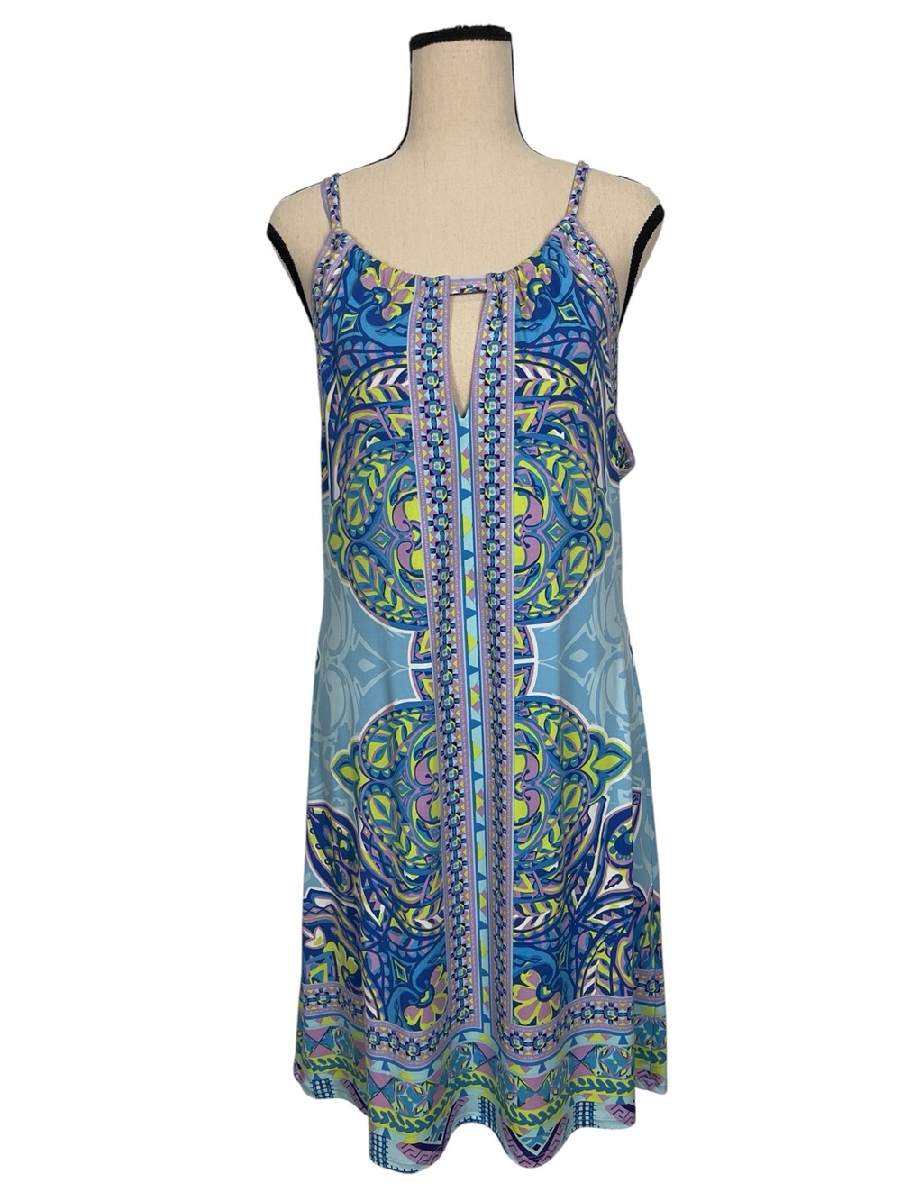 Hale Bob Halter Mini Shift Dress Blue Pink Geometric Paisley Print Size Medium